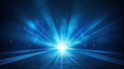 A radiant burst of light with blue rays and star-like particles, creating a cosmic atmosphere.