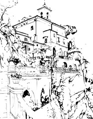 Fototapeta premium architecture, sketch, building, city, drawing, paris, vector, illustration, church, europe, street, old, art, travel, vintage, rome, cathedral, town, italy, house, ancient, landmark, tower, coloring p