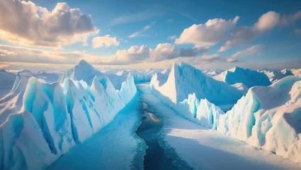 Gordijnen Stunning panoramic view of glaciers blanketed in snow, set against a blue sky and fluffy white clouds. © Holo Frame