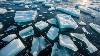 Fototapeta premium Big ice pieces frozen in the water, viewed from above.