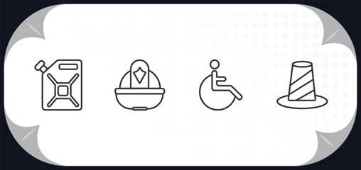 outline icons set - alert concept. jerrycan, firefighter helmet, handicap, bollard.