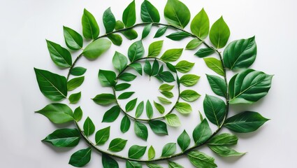 Green leaves organized in a spiral pattern against a white background. Flat lay.