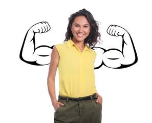 Confident woman with drawing of strong arms behind her on white background