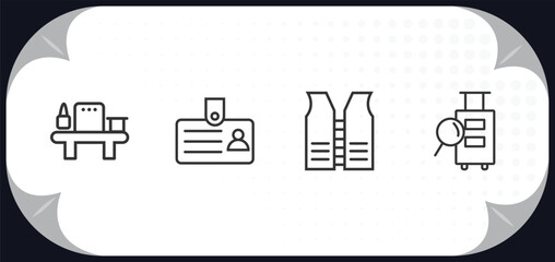 outline icons set - airport terminal concept. airport x ray hine, identification badge, lifesaver best, luggage inspection.
