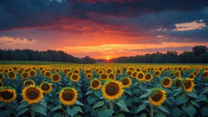 Stunning sunset over sunflower field