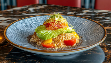 Colorful noodle dish with vegetables