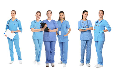 Fototapeta premium Medical nurses in uniforms on white background, set