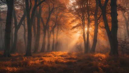 Fototapeta premium Panorama of sunlight in a forest during autumn nature landscape.
