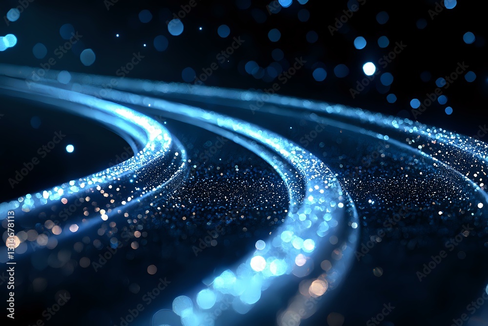 Poster glowing curved lines with sparkling particles create dynamic motion effect against dark background, 