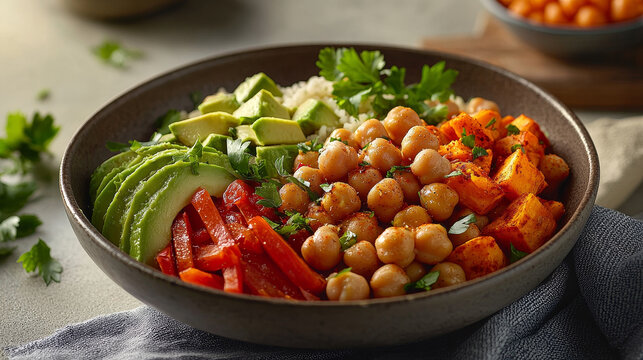 Hearty vegetarian bowl: chickpeas, roasted sweet potato, avocado, and peppers
