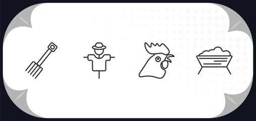 outline icons set - agriculture farming concept. farming fork, scarecrow, rooster, trough.