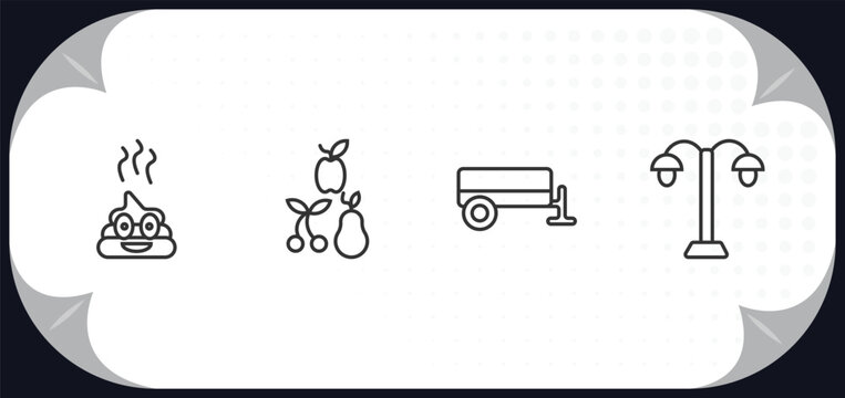 outline icons set - agriculture farming concept. poo, fruit, trailer, lamppost.