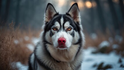 Naklejka premium Goberian dog (mix of husky and golden retriever) with a red nose and golden eyes