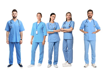 Obraz premium Nurses in uniforms on white background, set. Medical worker