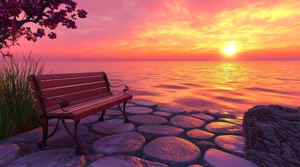 Peaceful sunset bench overlooking tranquil ocean