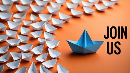 A blue paper boat guides white paper ships with the message join us. Concept of job vacancy or community membership announcement.