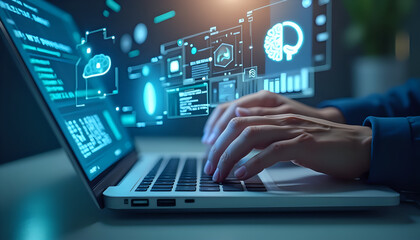 Obraz premium a person typing on a laptop with data graphics