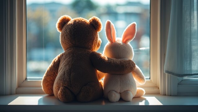 Best friends teddy bear and bunny toy sitting together on a windowsill, hugging and gazing out the window.