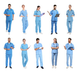 Fototapeta premium Medical nurses in uniforms on white background, set