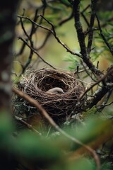 Closeup of a bird s nest in tree branches, highlighting the forest as a supportive habitat