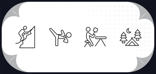 outline icons set - activity and hobbies concept. mountaineering, martial art, lace making, camp.