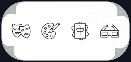 outline icons set - activity and hobbies concept. acting, coloring, mahjong, 3d glasses.