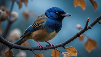 Greater blue-eared starling perched on a branch observing the camera.