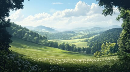 Obraz premium The rolling hills of a secluded valley provide an intimate, protective feeling, wrapping the landscape in a soft embrace that symbolizes unity and safety.