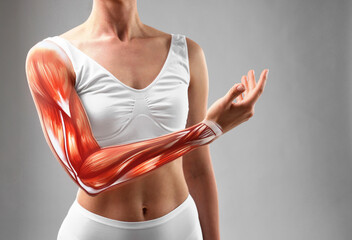 Muscular system. Woman with illustration of skeletal muscles on her arm, grey background