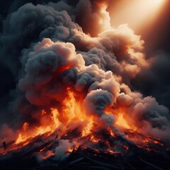 Billowing smoke suffused with the warm glow of an intense fire