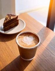 Paper cup of coffee and cake on wooden table