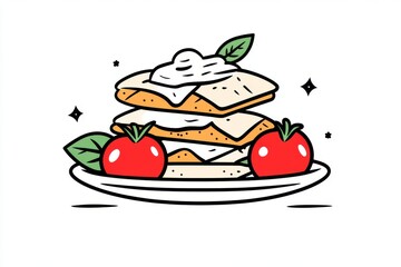 A clean line drawing of a tapas plate, with just a few bold strokes and simple shading to hint at patatas bravas and aioli