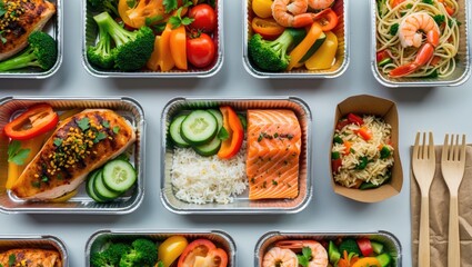 Food delivery. Various containers filled with natural healthy diet food. Aerial view on a white background.