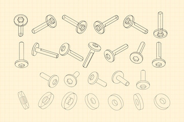 Mechanical engineering drawings on sepia background. Cutter, assembly tool with replaceable multi-faceted plate. Technical Design. Cover. Blueprint. Vector illustration.