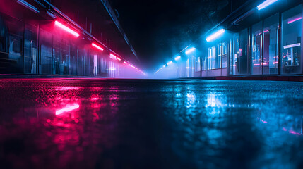 Neon Futuristic Cyberpunk City Street With Wet Asphalt Reflecting Pink And Blue Lights At Night