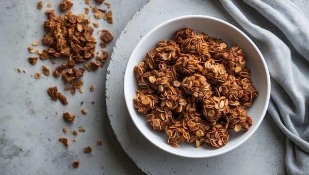 From above, a traditional Georgian fermented bladdernut blossom called jonjoli is presented in a bowl on a concrete table.