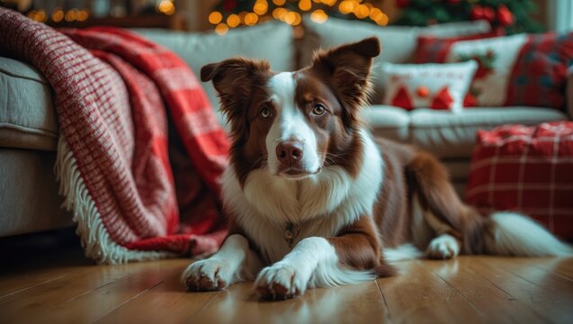 Border collie dog breed relaxing at home. Cozy interior. Pet friendly. Domestic dog.