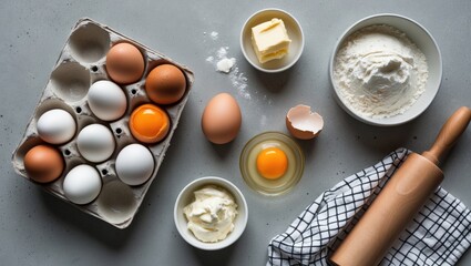 Baking Cooking Ingredients: Flour, Eggs, Rolling Pin, Butter, and Kitchen Textile Arranged on a Bright Grey Concrete Surface. Top View with Copy Space. Mockup for Cookies, Pie, or Cake Recipe.