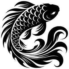 Obraz premium Koi Fish in Elegant Silhouette: A graceful koi fish design, showcasing intricate patterns and flowing lines in a stunning black and white silhouette.