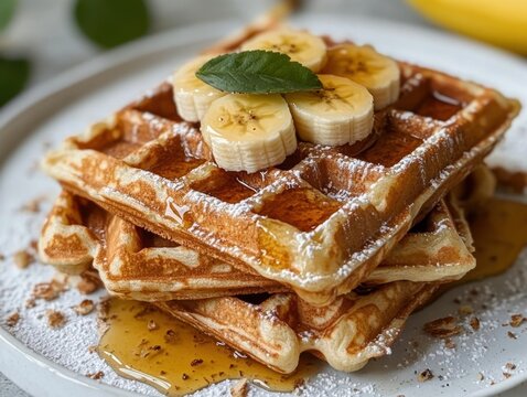 Stack of Golden Waffles Topped with Banana Slices and Maple Syrup on a White Plate Close Up View - Powered by Adobe