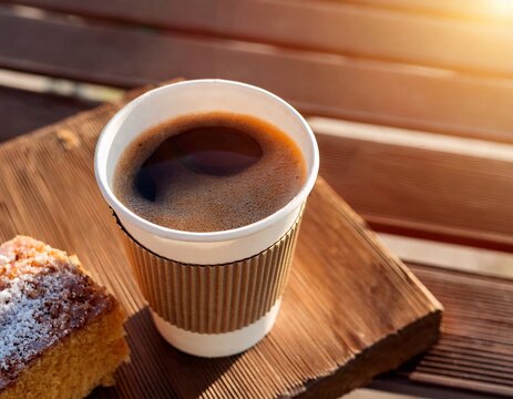 Paper cup of coffee and cake on wooden table
