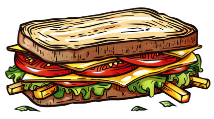 Delicious sandwich with cheese, tomato, lettuce and french fries on transparent background