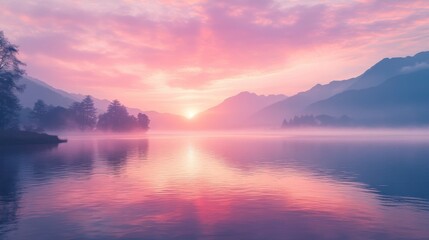 Fototapeta premium A serene sunrise over a calm lake, surrounded by misty mountains, reflects beautiful hues of pink and purple in the water.