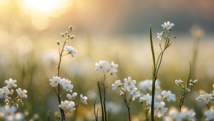 Flowers illuminated against a sun background. Spring floral field.