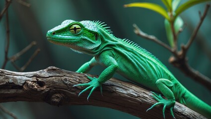Obraz premium Green lizard on branch, green lizard sunbathing on wood, green lizard climbing on wood closeup.