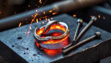 Blacksmith shapes iron rod on the anvil using a tool.