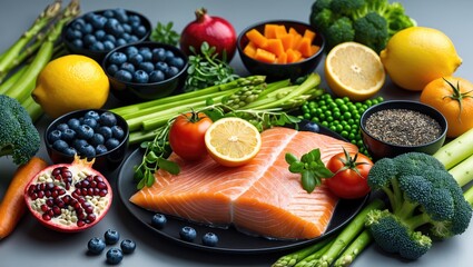 Healthy food assortment on gray backdrop. Detox and clean diet idea. Foods rich in vitamins, minerals and antioxidants.