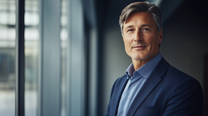 Fototapeta premium Confident executive in navy blazer embodies leadership and professionalism.
