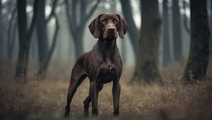 Hungarian hound pointer dog standing in the woods.