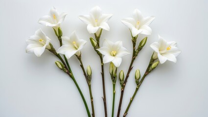 Fototapeta premium Freesia white flowers branches with buds in bloom set against a white background.